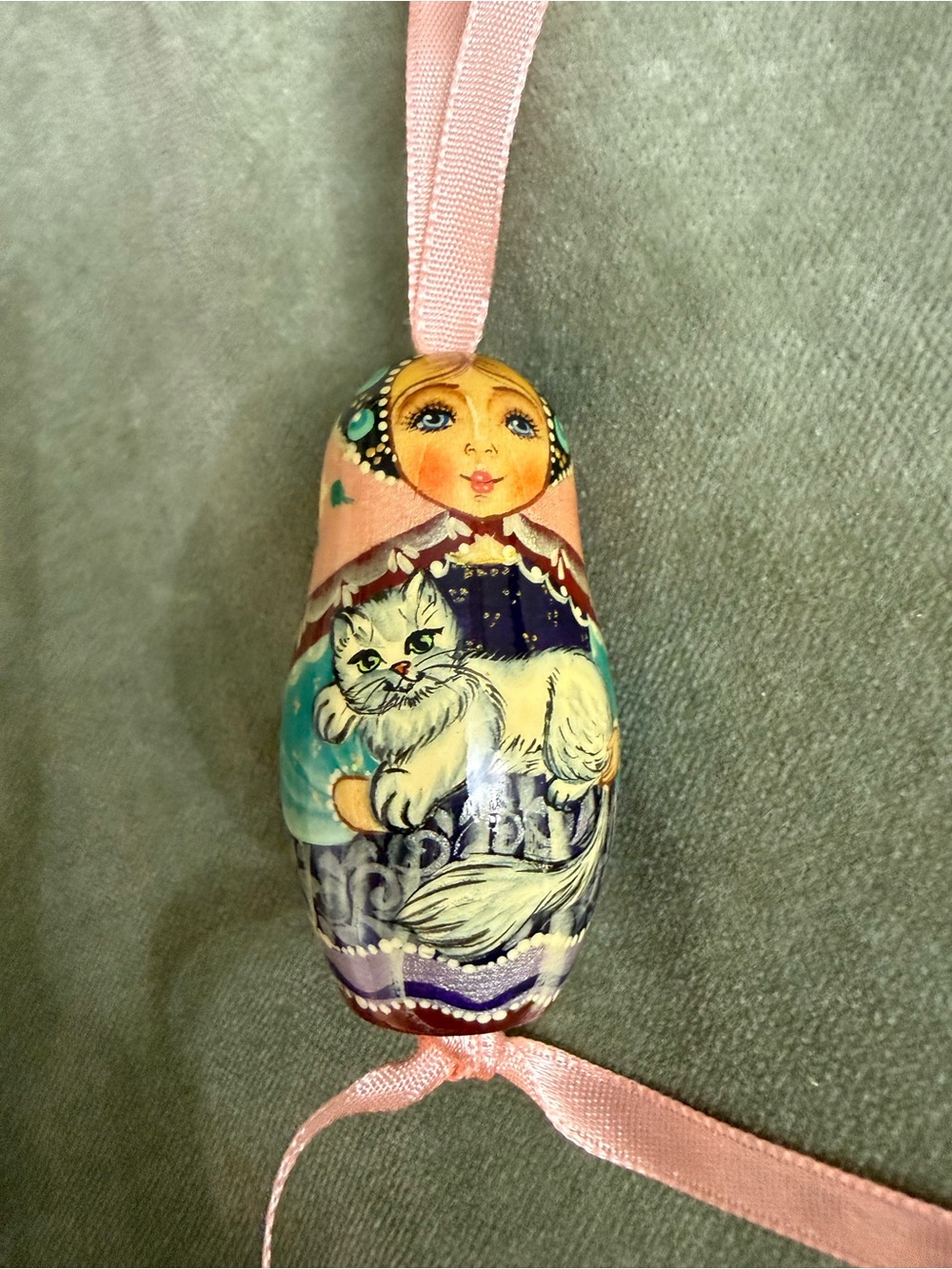Vintage Hand-Painted Russian Matryoshka Ornament Lady with Cat # 8